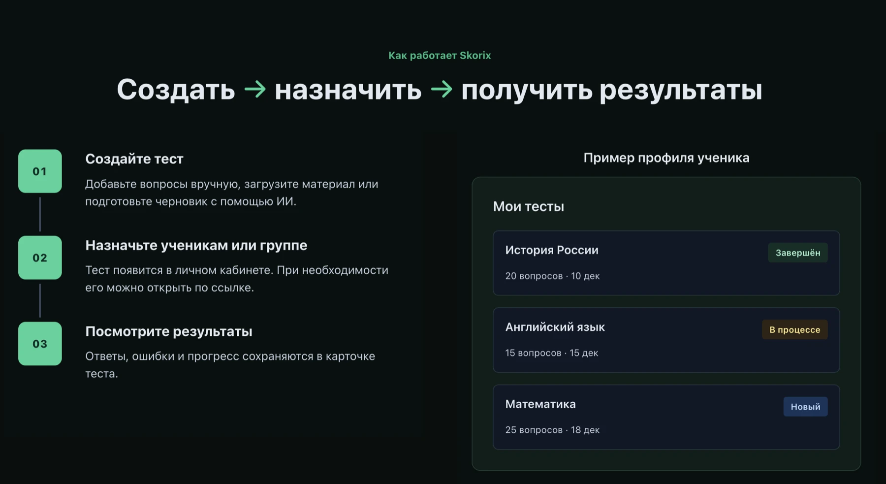 Экран Skorix: создать тест, назначить ученикам и получить результаты