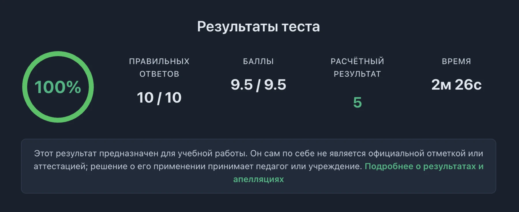 Результаты прохождения теста в Skorix